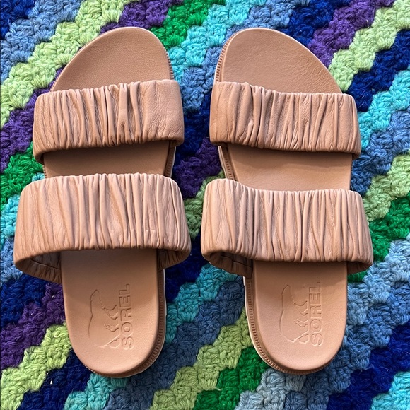 Sorel Shoes - Sorel Tan Ruched Double-Strap Slide Sandals